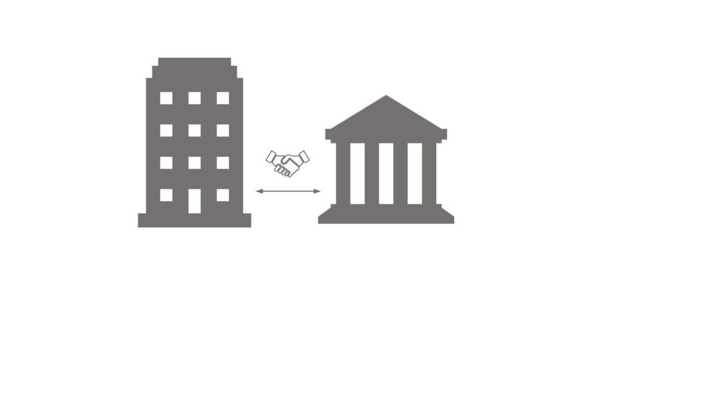 Tegningen viser et forretningsbygg og et offentlig bygg og et håndtrykk som symboliserer handel mellom dem. Illustrasjon. 