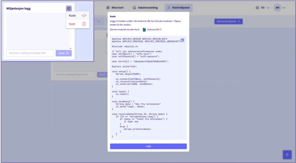 Skjermbilde fra programvaren Deploii som viser en programmeringskode som er hentet ved å velge tannhjul-knappen på modulen Miljøstasjon logg. Skjermutklipp.