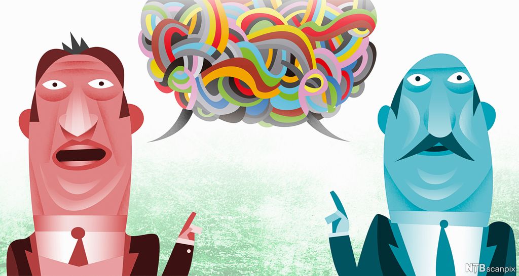 Two men talking, chaotic bubble. Illustration.