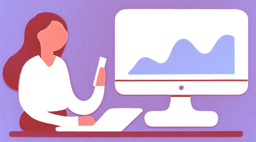 En person har en bærbar pc foran seg og en mobiltelefon i hånda. Ved siden av står en stor skjerm med en bølgete graf. KI-illustrasjon.