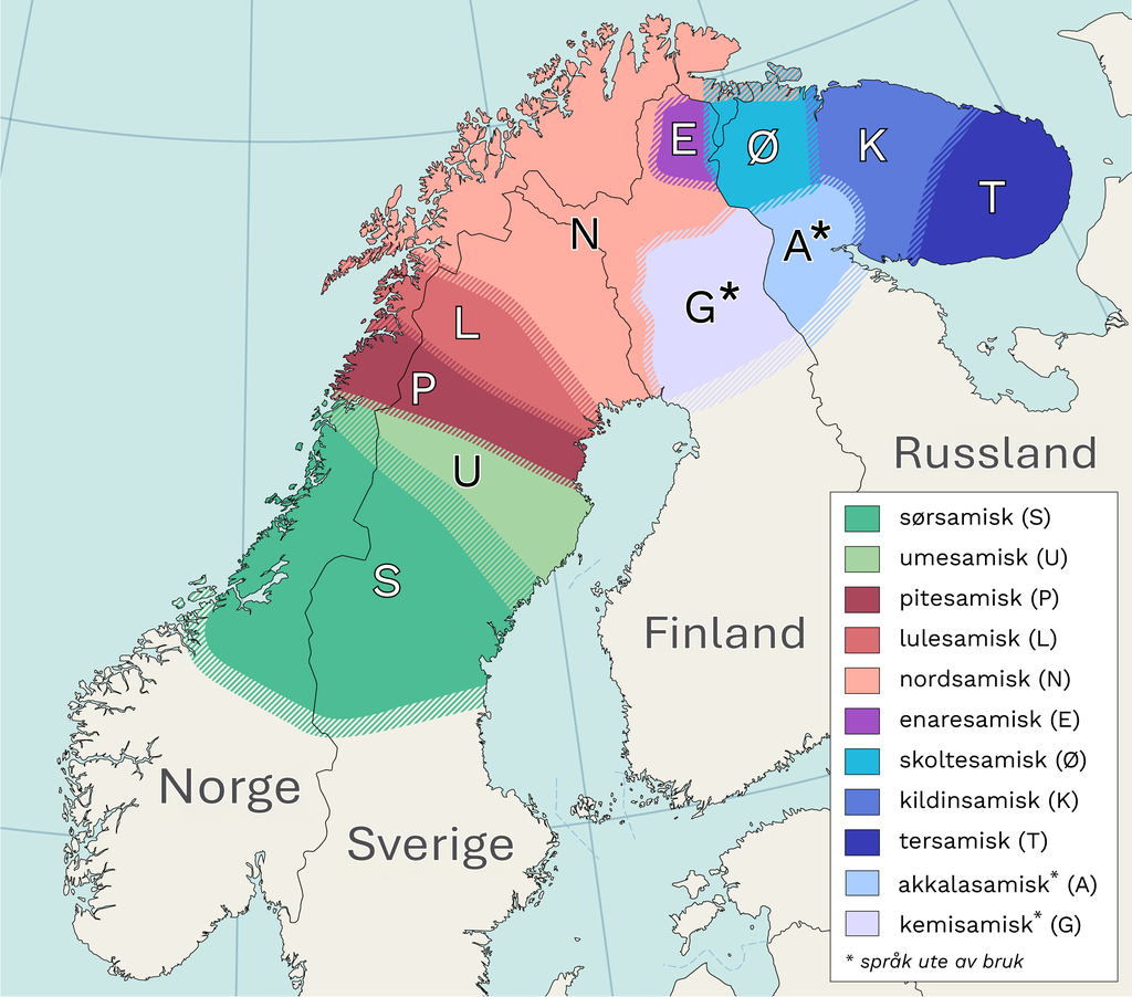 Kart som viser forskjellige områder i Norden der ulike samiske språk blir brukt. Disse språkene er markert: sørsamisk, umesamisk, pitesamisk, lulesamisk, nordsamisk, enaresamisk, skoltesamisk (østsamisk), kildinsamisk, tersamisk, akkalasamisk og kemisamisk. Akkalasamisk og kemisamisk er ikke i bruk lenger. Kart.