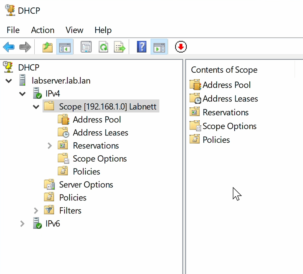 Utklipp fra DHCP-verktøy. DHCP-oppsettet (scope) er utvidet og viser de forskjellige områdene som kan gi informasjon eller justere oppsettet. Skjermbilde.