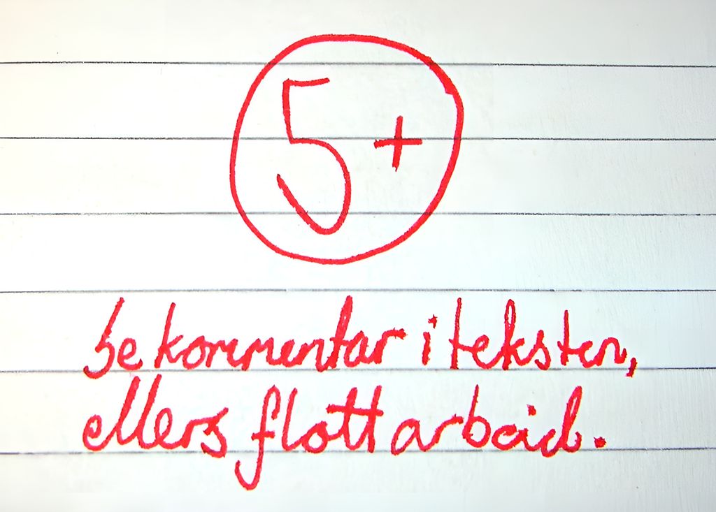 Karakteren 5+ og teksten "se kommentar i teksten, ellers flott arbeid". Foto. 