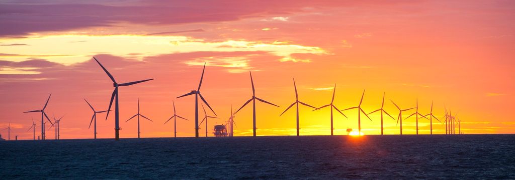 Mange vindmøller til havs med solnedgang og rød himmel. Foto.