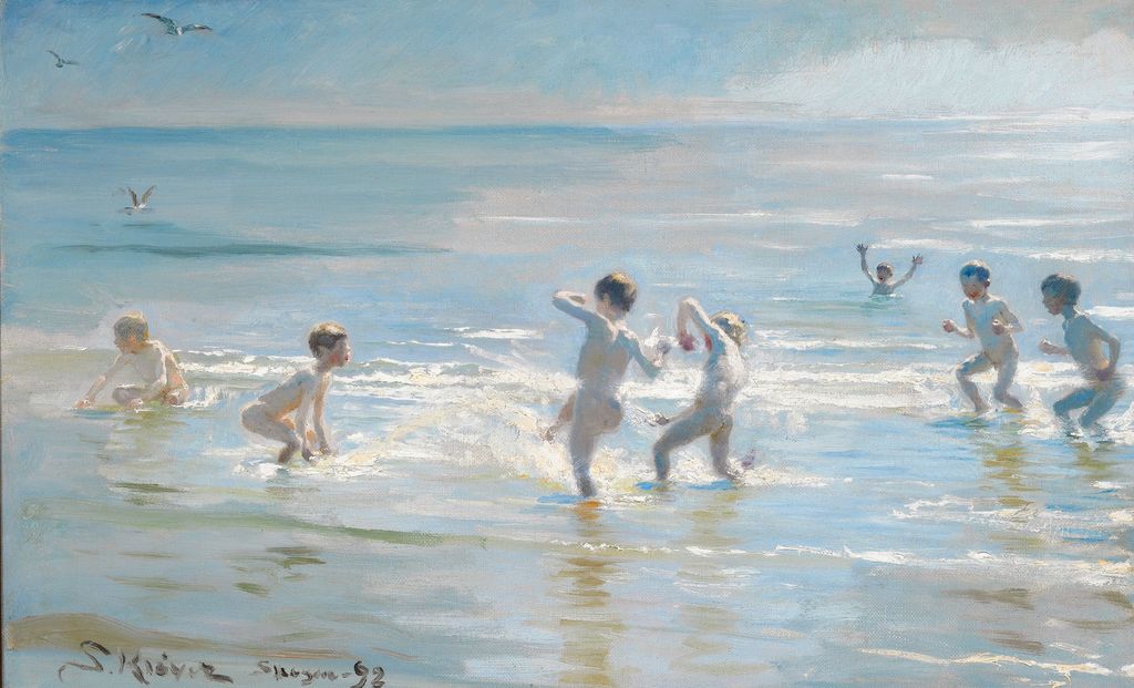Oljemaleri av gutter som bader i strandkanten. Foto.