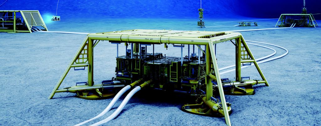 Illustrasjon som viser en havbunnsramme med to ventiltrær og manifold i midten. Illustrasjon.