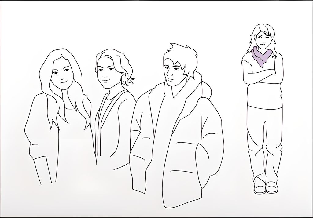 Outline drawing: Three teens stand in a group, one stands apart with arms crossed looking unhappy.