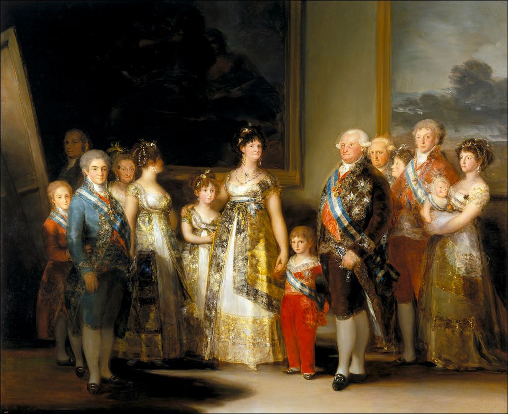 Oljemaleri av en velkledd familie i tre generasjoner. Foto.