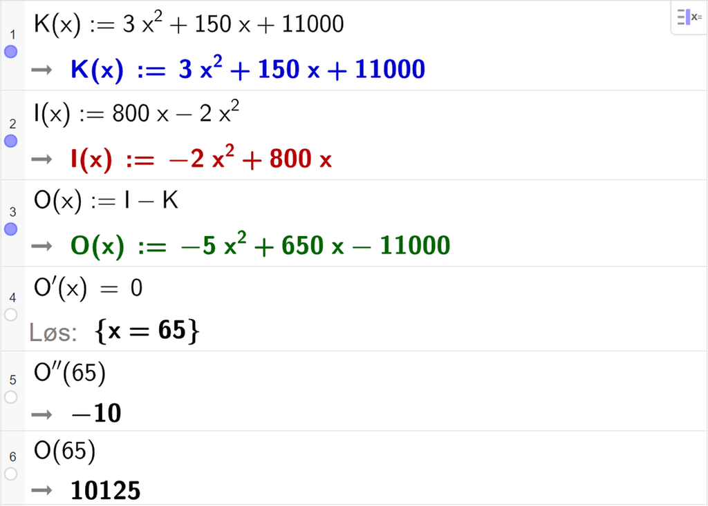 Skjermutklipp av CAS-utregning med GeoGebra. På linje 1 blir kostnadsfunksjonen K av x kolon er lik 3 x i andre pluss 150 x pluss 11000 skrevet inn. På linje 2 blir inntektsfunksjonen I av x kolon er lik 800 x minus 2 x i andre skrevet inn.  På linje 3 blir Overskuddsfunksjonen O av x kolon er lik I minus K skrevet inn. Resultatet er O av x kolon er lik minus 5 x i andre pluss 650 x minus 11000. På linje 4 løses likningen O derivert av x er lik 0. Svaret med "Løs" er x er lik 65. På linje 5 regnes O dobbeltderivert av 65 ut. Svaret er minus 10. På linje 6 regnes O av 65 ut. Svaret er 10125. 