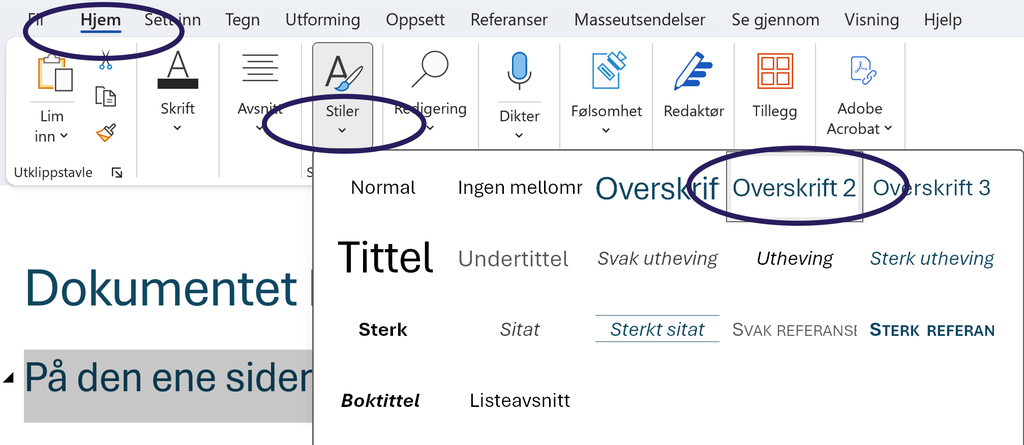 Hjem-meny i Word der stilvalg er satt til overskriftsnivå 2. Skjermutklipp.