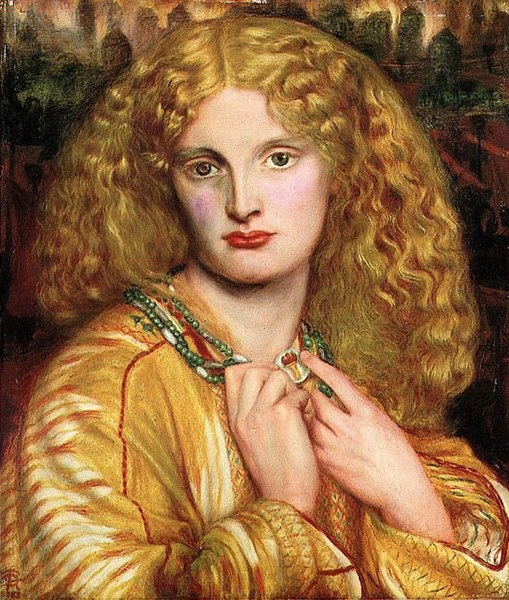 Golden haired woman with a green necklace in a yellow dress. 