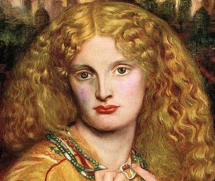 Golden haired woman with a green necklace in a yellow dress.