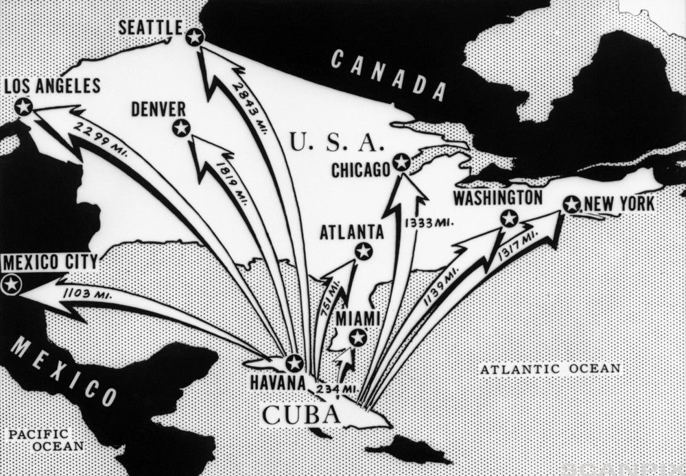 Map of how far the missiles in Cuba could reach.