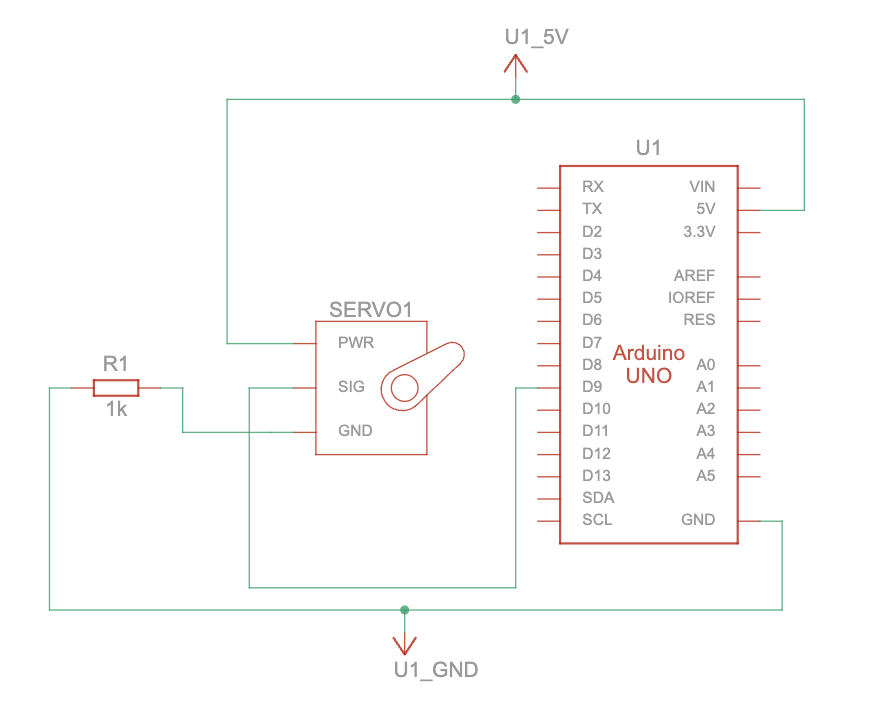 Elektrisk koblingsskjema for Arduino og en servomotor. Komponentene er kopla sammen via ledninger og en resistor. Skjermbilde.