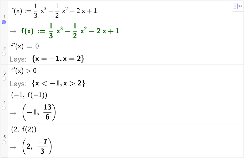 CAS-utrekning med GeoGebra. På linje 1 er det skrive f av x kolon er lik 1 tredels x i tredje minus ein halv x i andre minus 2 x pluss 1. Svaret er det same. På linje 2 er det skrive f derivert av x er lik 0. Svaret med "Løys" er x er lik minus 1 eller x er lik 2. På linje 3 er det skrive f derivert av x større enn 0. Svaret med "Løys" er x mindre enn minus 1 eller x større enn 2. På linje 4 er det skrive parentes minus 1 komma, f av minus 1 parentes slutt. Svaret er parentes minus 1 komma, 13 seksdelar parentes slutt. På linje 5 er det skrive parentes 2 komma, f av 2 parentes slutt. Svaret er parentes 2 komma, minus 7 tredelar parentes slutt. Skjermutklipp.