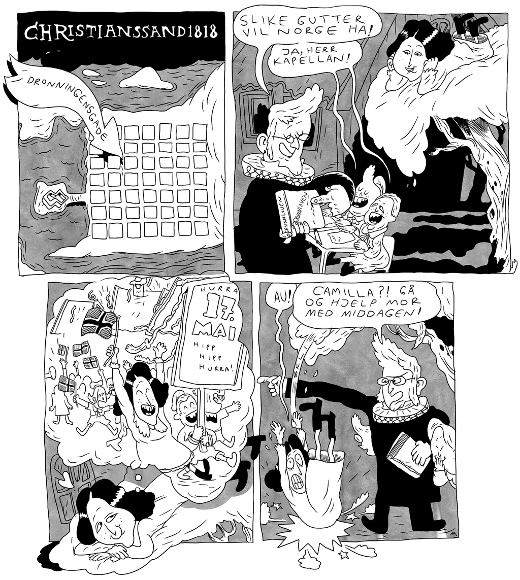 Teikneserie som viser eit kart over Kristiansand og ei pil ned på Dronningensgate. Ei rute viser ein prest som underviser to gutar. Ei jente lyttar. Neste rute viser jenta som drøymer om å gå i tog 17. mai. Siste rute viser at presten gir jenta beskjed om å hjelpe mora på kjøkkenet. Illustrasjon. 