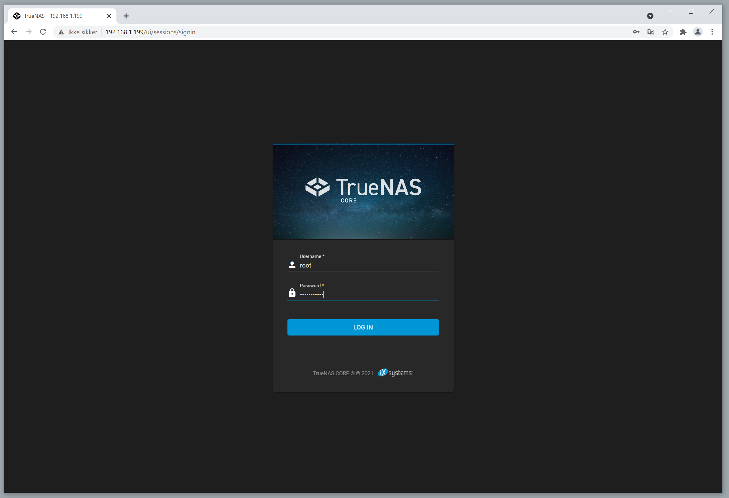 Påloggingsvindu i nettleser med felt for brukernavn og passord, under er en knapp med teksten "Log in". Skjermbilde.