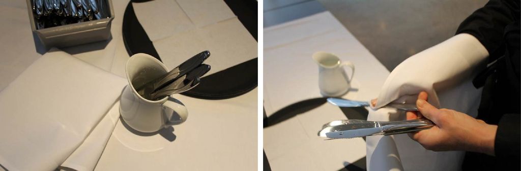 To bilder av hvordan man går fram for å polere bestikk. På første bilde er det en boks med bestikk, et serveringsbrett med en serviett, en mugge med vann hvor det står kniver oppi, og en tøyserviett. På andre bilde polerer en servitør kniver med en hvit klut. Foto.