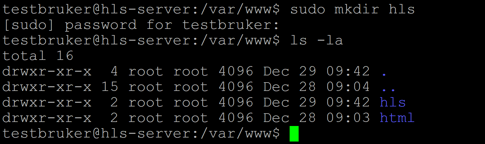 Utklipp som viser at ei mappe lages i Linux og etterpå sjekkes. Skjermbilde.