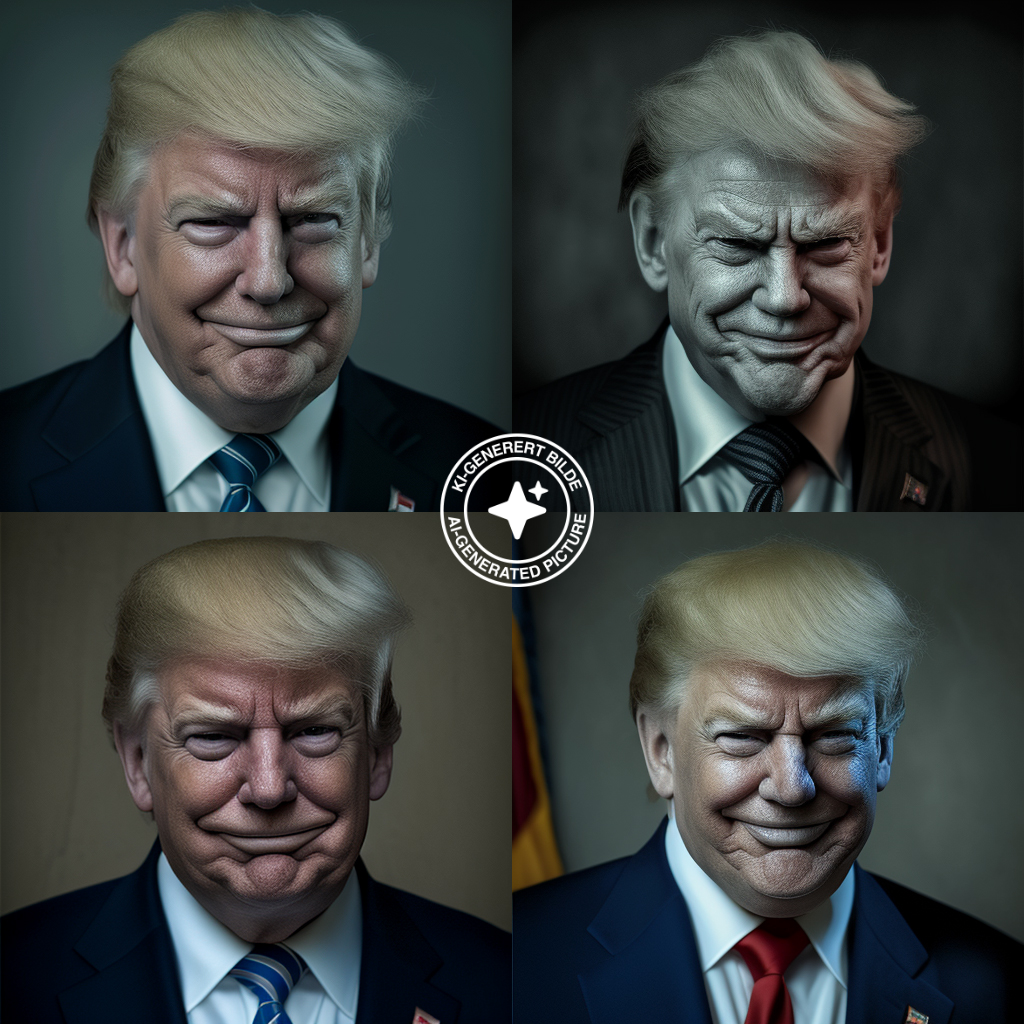 Kollasj med fire karikerte portrett av Donald Trump. Tre av dei er ganske realistiske og liknar meir eller mindre på den ekte Donald Trump, men på det fjerde biletet er ansiktet smalare og har gråleg hud og djupe rynker. KI-foto.