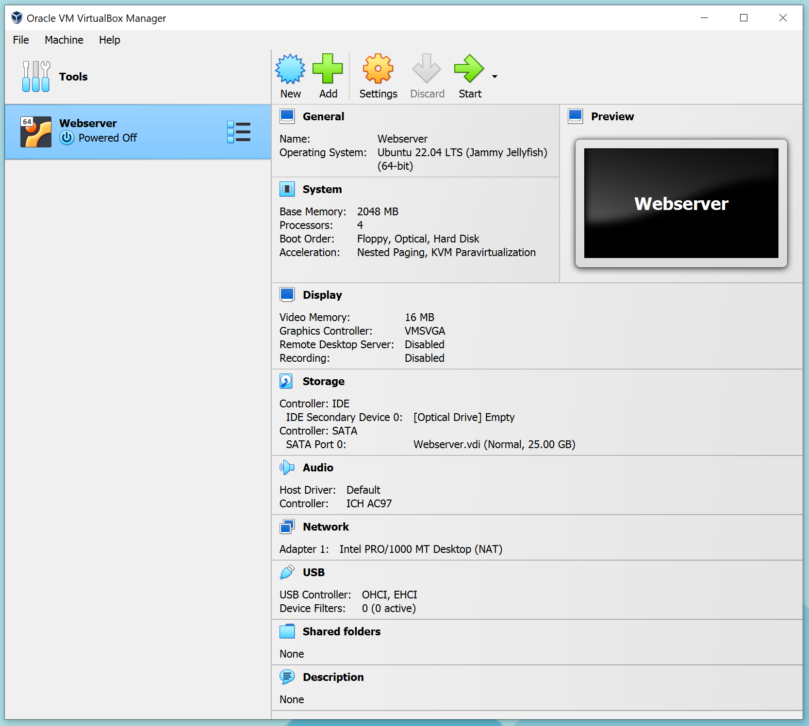 Skjermbilde fra programmet VirtualBox som viser hovedvinduet.