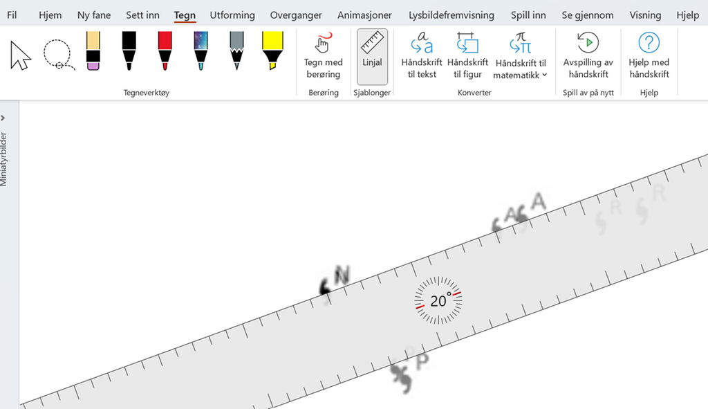 Skjermbilde fra PowerPoint med linjal som ligger oppå bilde med bokstaverte punkter. Illustrasjon.