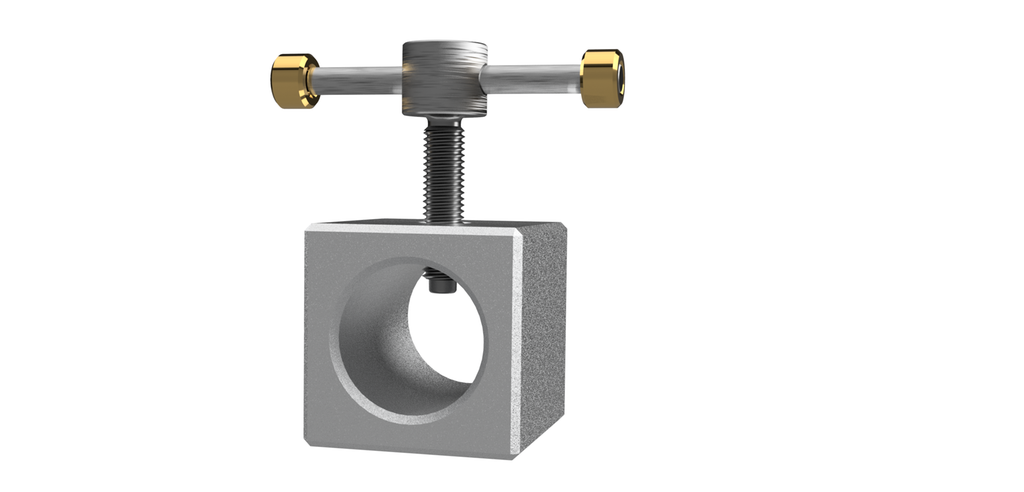 Verktøy av en firkanta kloss med et rundt hull tvers gjennom. En skrue med håndtak går ned i hullet. Illustrasjon.