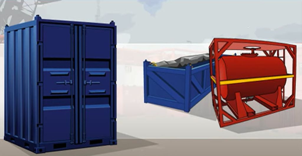 Lukket og åpen konteiner og en transporttank. Illustrasjon.