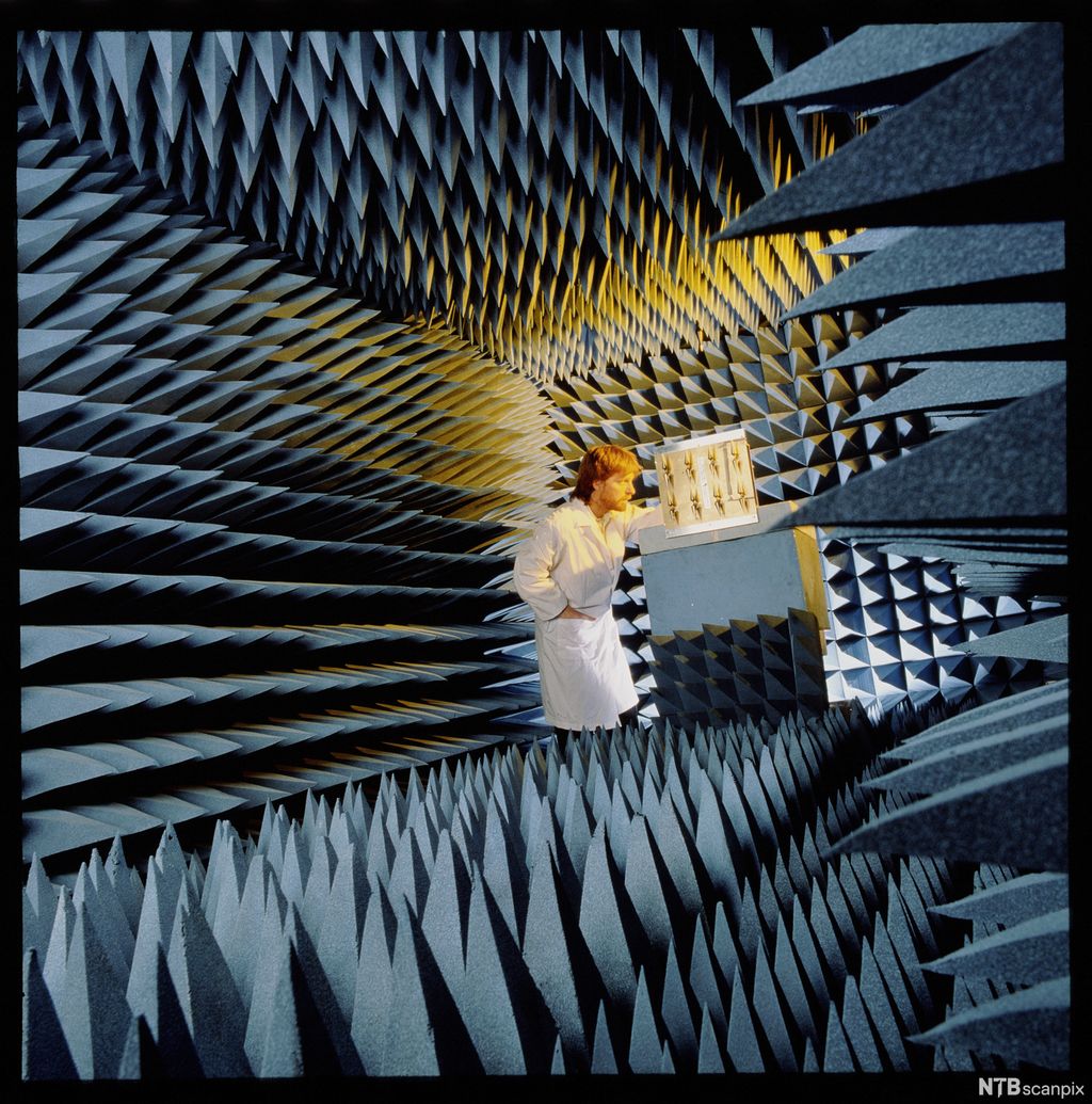 Rom som har vegger, tak og gulv dekket av pyramidelignende former. Foto.