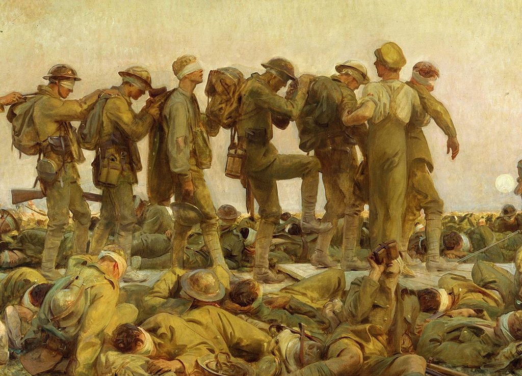 After a gas attack during World War I. Wounded soldiers are being lead in rows. They have bandages over their eyes. More soldiers lie on the ground. Painting.