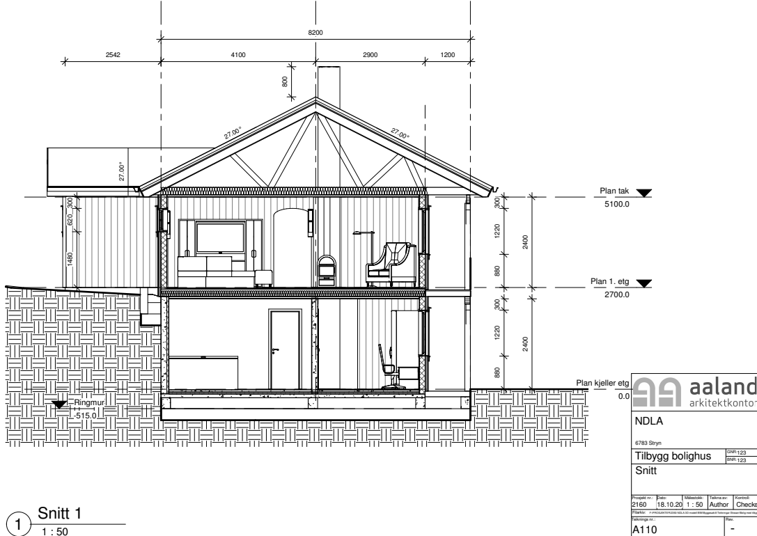 Snittegning av en enebolig. Den er målsatt og også møbler er tegnet inn. Illustrasjon.
