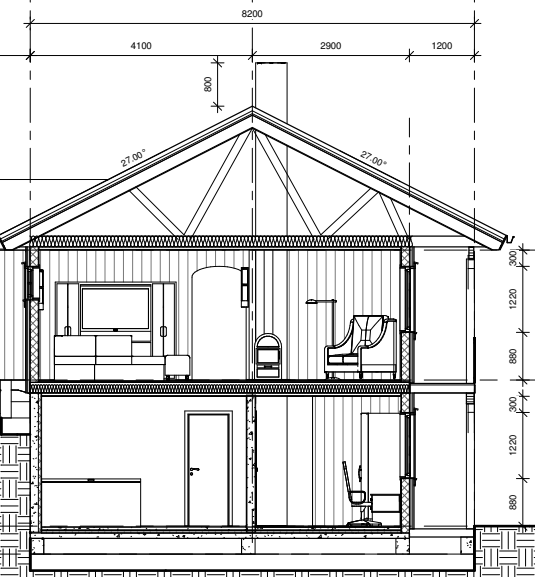 Snittegning av en enebolig. Den er målsatt og også møbler er tegnet inn. Illustrasjon.