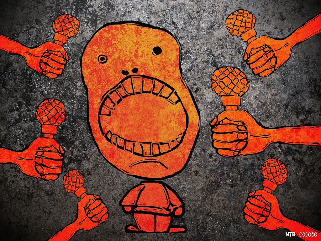 Person med stor munn omgitt av hender med mikrofoner. Illustrasjon