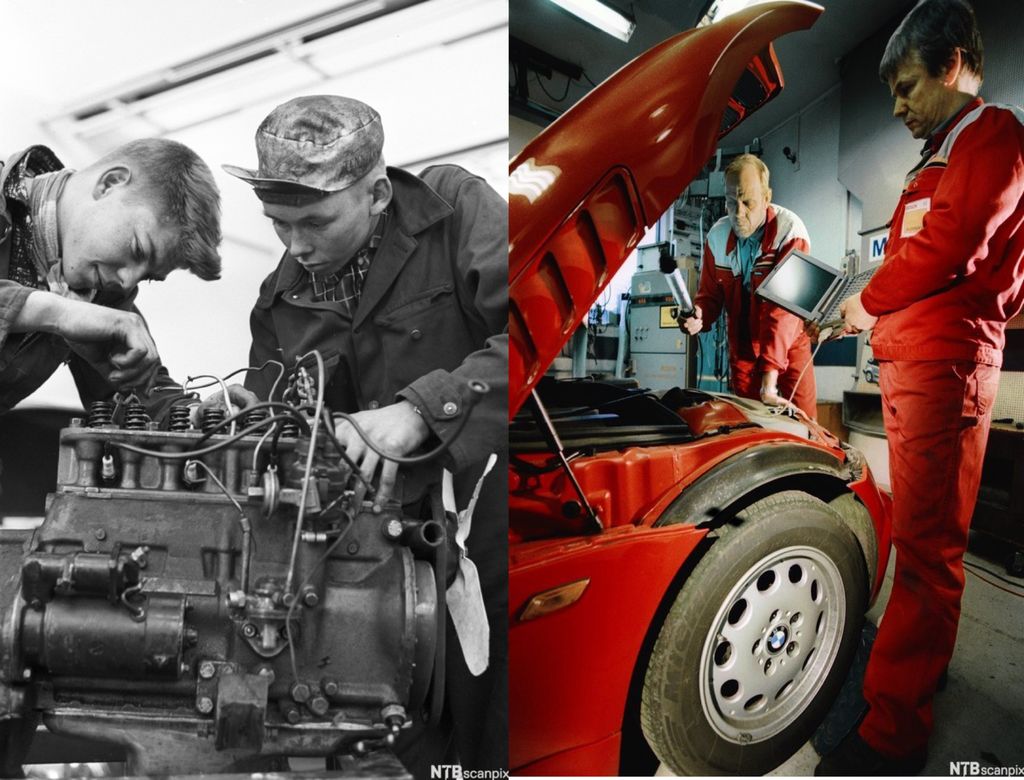 To bilder av menn og motor. Bildet til venstre er i svart-hvitt og viser to unge menn som skrur på en motor. Bildet til høyre er i farger og viser to mer voksne menn som står og studerer det som er under panseret på en bil. Den ene av dem holder en datamaskin. Foto.