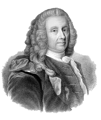 Et tegnet portrett av Ludvig Holberg. Han har lang parykk med krøller og tørkle i halsen. Tegning.