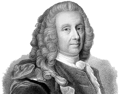 Et tegnet portrett av Ludvig Holberg. Han har lang parykk med krøller og tørkle i halsen. Tegning.