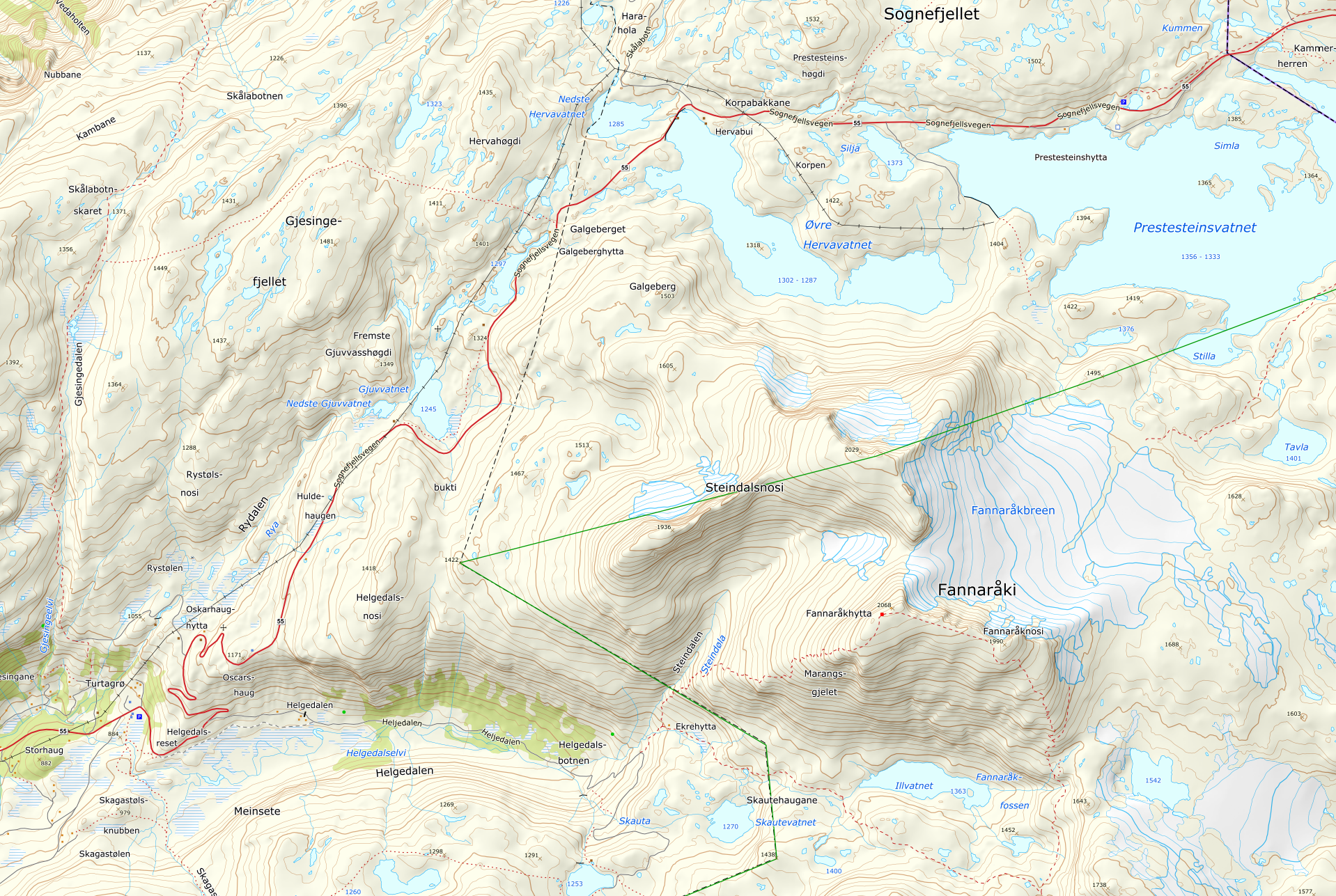 Topografisk kart over et fjellområde. Isbreen Fannaråkbreen, andre mindre isbreer, vann og daler er med på kartet. Illustrasjon.