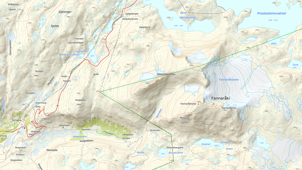 Topografisk kart over et fjellområde. Isbreen Fannaråkbreen, andre mindre isbreer, vann og daler er med på kartet. Illustrasjon.