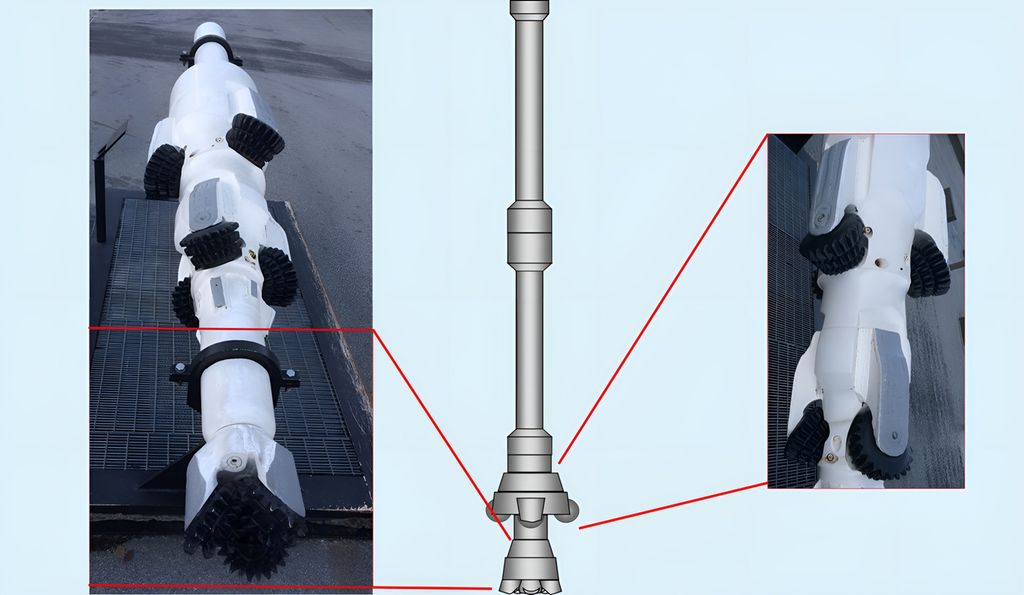 I midten er det en illustrasjon av en BHA med pilotbit og hullåpner. På sidene er det to foto av en pilotbit og en hullåpner. Det går røde streker fra bildene til BHA-en for å vise hvor de befinner seg. Illustrasjon.