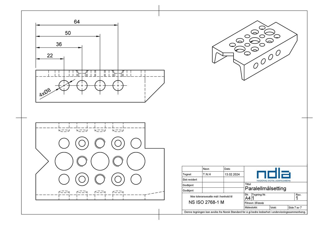 Teknisk tegning av en U-formet kloss med mange hull. De nye hulla som skal lages, er tegna inn med stipla linjer og plassert på sidene av klossen.  De skal plasseres midt på sida. Alle har en diameter på åtte millimeter, og senterpunkta er plassert 22, 36, 50 og 64 millimeter fra enden på sida. 