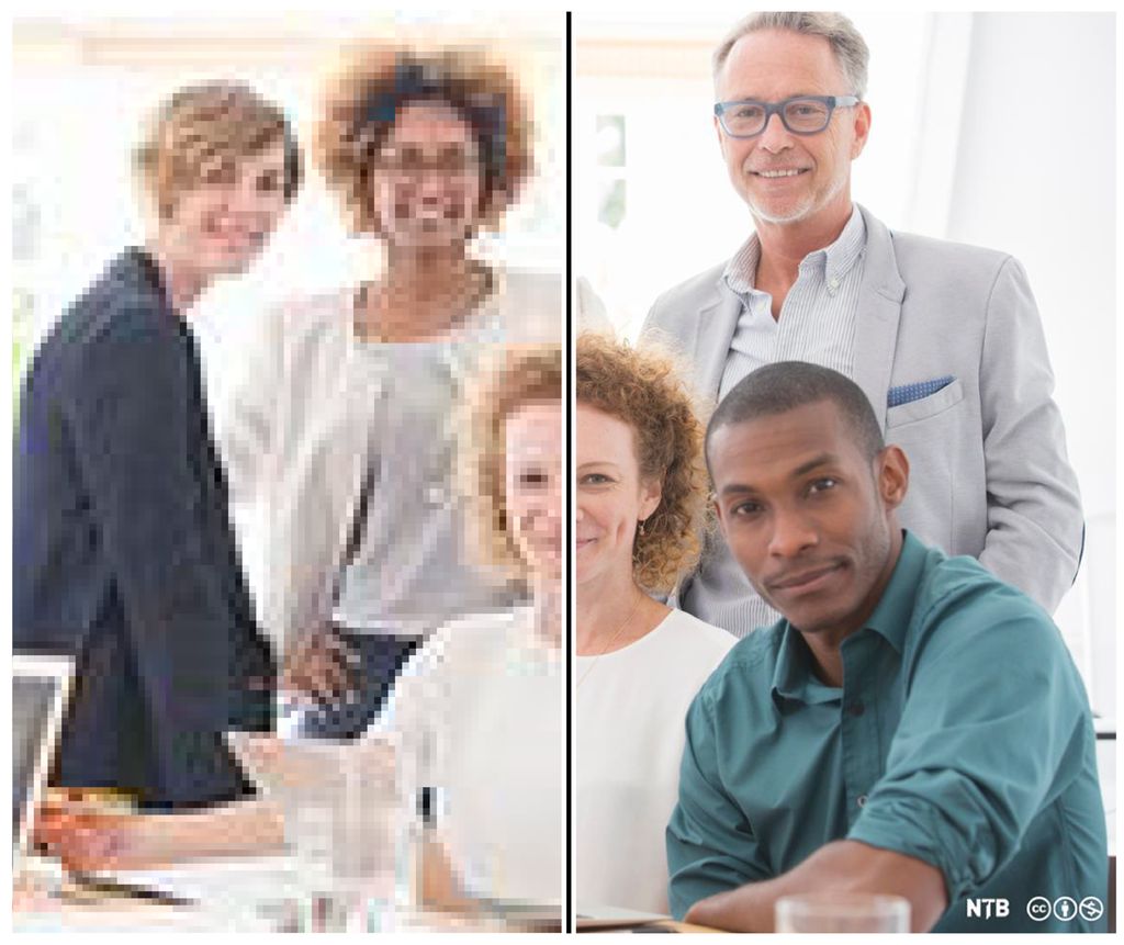 Fem personer, to av dem sitter, og resten står bak dem. Bildet er delt i to. Til venstre har bildet dårlig oppløsning, og personene er utydelige. Til høyre har bildet bedre oppløsning, og personene er langt enklere å se. Fotokollasj.