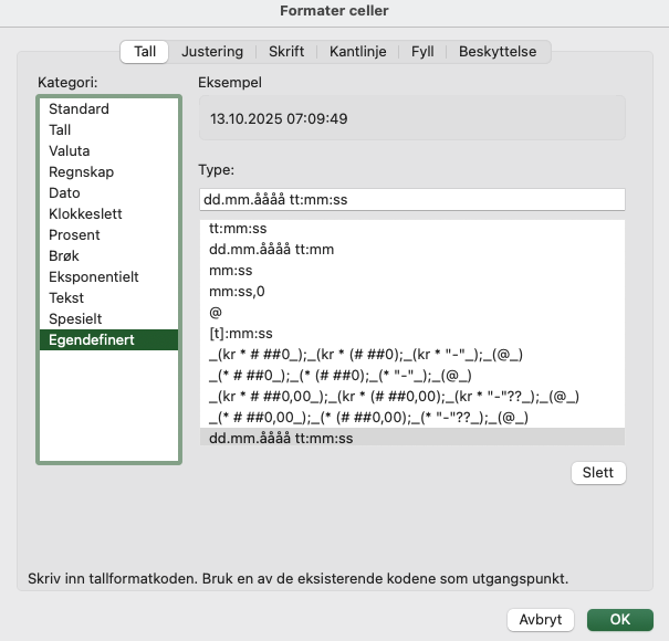 Skjermutklipp som viser meny for formatering av tallverdier for ei celle i programmet Excel,  for eksempel dato, klokkeslett, brøk og egendefinert formatering.