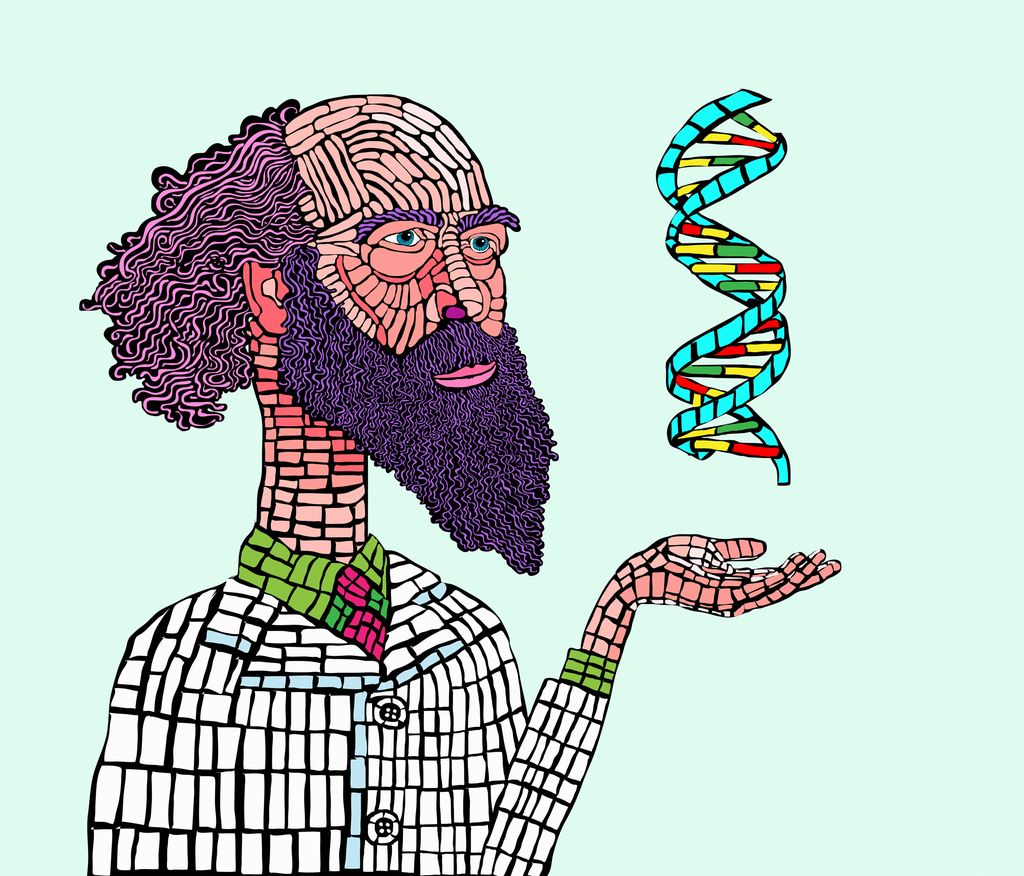En fargerik og abstrakt forsker som studerer DNA-dobbelheliksen. Illustrasjon.