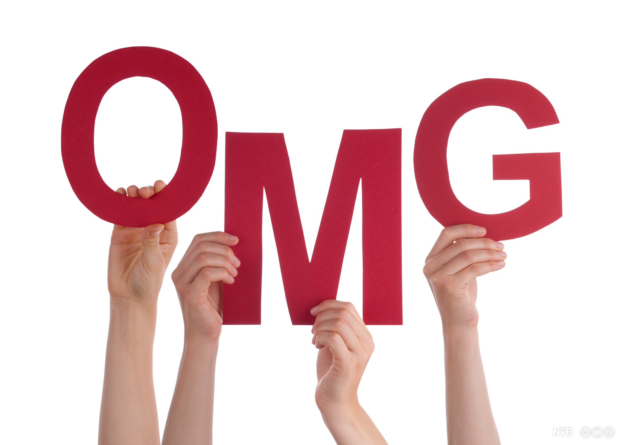 Many People Hands Holding Red Word OMG. Photo.