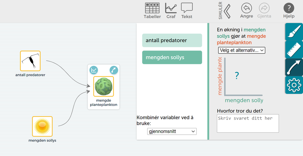 Skjermbilde fra programmet SageModeler som viser hvordan man angir måten variabler påvirker hverandre på. Foto.
