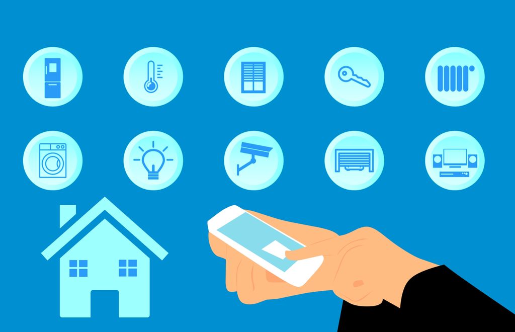 Mange små ikoner med elektriske produkter som kan styres via app. Illustrasjon.