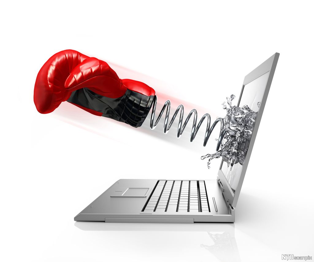 Boksehanske på en stålfjær skytes ut fra skjermen på en bærbar datamaskin. Illustrasjon.