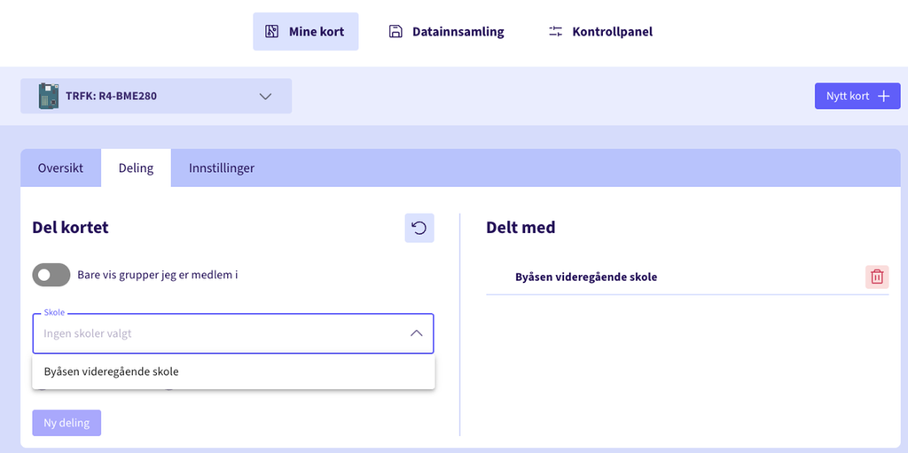 Skjermbilde fra en nettside som viser valg av skole for deling av data. Skjermutklipp.