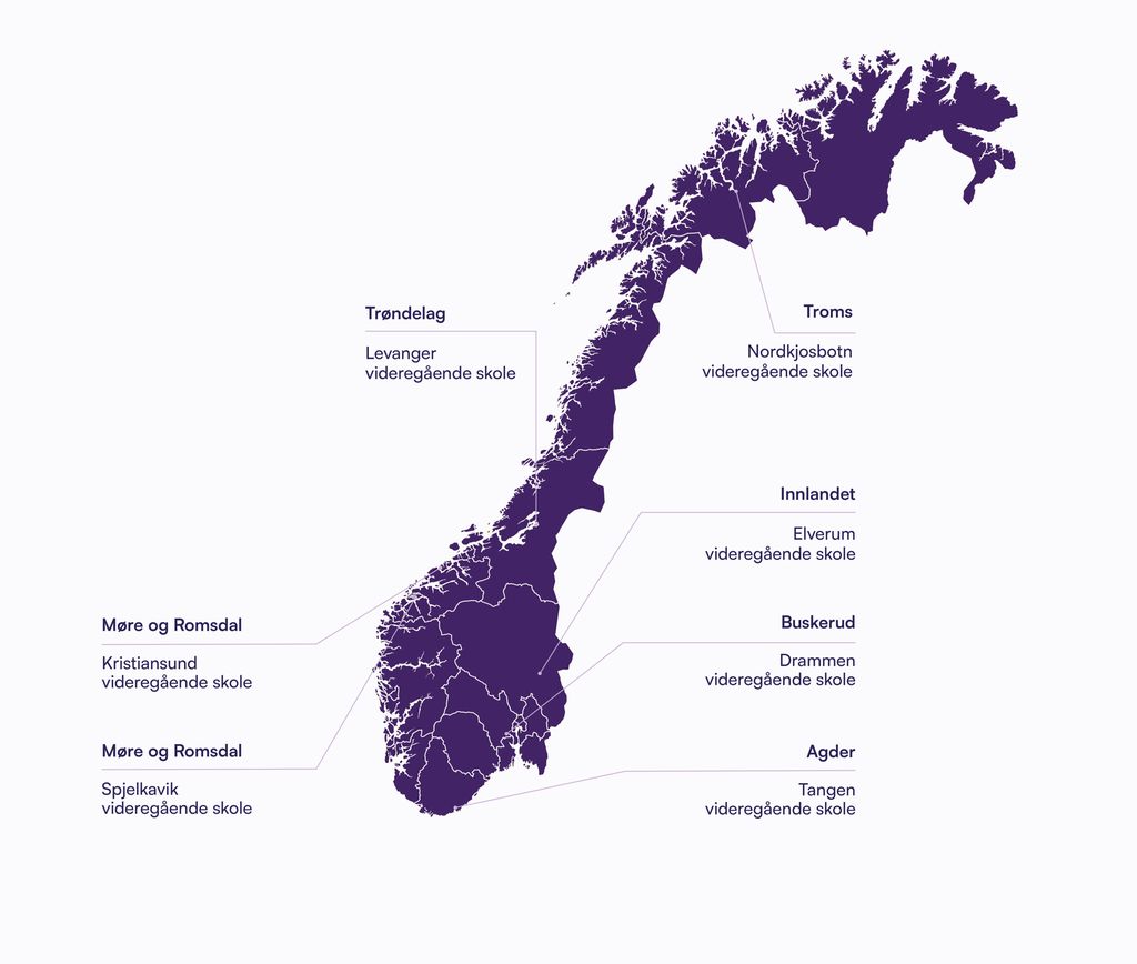 Norgeskart som viser de videregående skolene NDLA samarbeider med skoleåret 2026/2027, ligger. Nordkjosbotn vgs. ligger i Troms, Levanger vgs. ligger i Trøndelag, Kristiansund vgs. og Spjelkavik vgs. i Møre og Romsdal, Elverum vgs. i Innlandet, Drammen vgs. i Buskerud og Tangen vgs. i Agder. Illustrasjon.