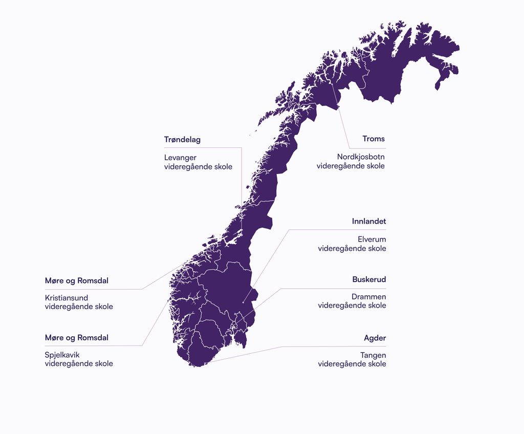 Norgeskart som viser de videregående skolene NDLA samarbeider med skoleåret 2026/2027, ligger. Nordkjosbotn vgs. ligger i Troms, Levanger vgs. ligger i Trøndelag, Kristiansund vgs. og Spjelkavik vgs. i Møre og Romsdal, Elverum vgs. i Innlandet, Drammen vgs. i Buskerud og Tangen vgs. i Agder. Illustrasjon.